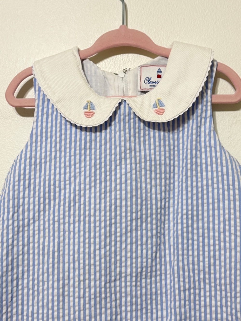 Classic Prep Striped Seersucker Dress 4T Embroidery Sailboat Petal Collar - Picture 3 of 10